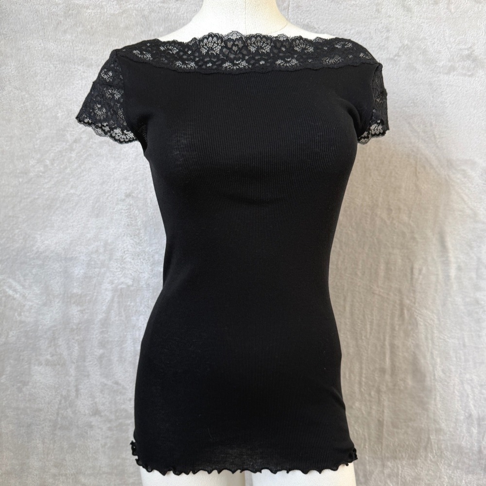 Rosemunde Copenhagen Black Ribbed Lace Trim Off Shoulder Short Sleeve Top